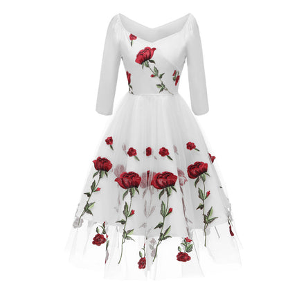 Evening Party Dress Embroidered Rose Lace Mesh Dress