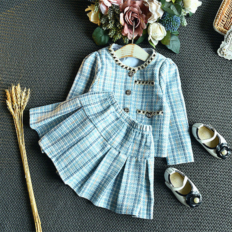 Children's Long-sleeved Plaid Top And Skirt Two-piece Suit