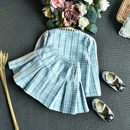 Children's Long-sleeved Plaid Top And Skirt Two-piece Suit