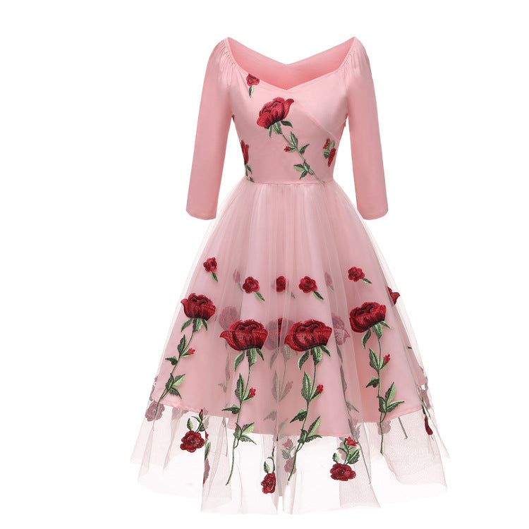 Evening Party Dress Embroidered Rose Lace Mesh Dress