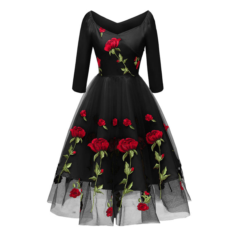 Evening Party Dress Embroidered Rose Lace Mesh Dress