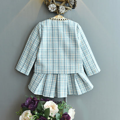 Children's Long-sleeved Plaid Top And Skirt Two-piece Suit