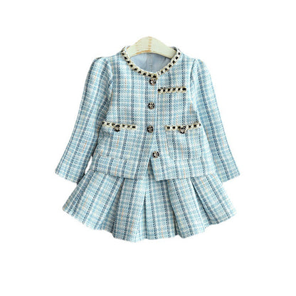 Children's Long-sleeved Plaid Top And Skirt Two-piece Suit