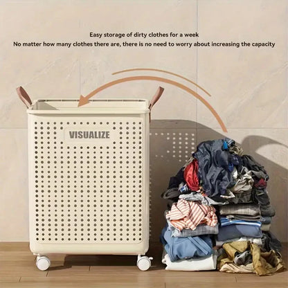 Foldable Rolling Laundry Hamper With Imitation Leather Handles Large Capacity Dirty Clothes Organizer Basket