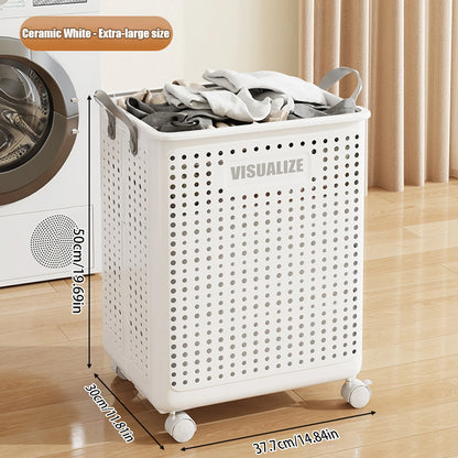 Foldable Rolling Laundry Hamper With Imitation Leather Handles Large Capacity Dirty Clothes Organizer Basket
