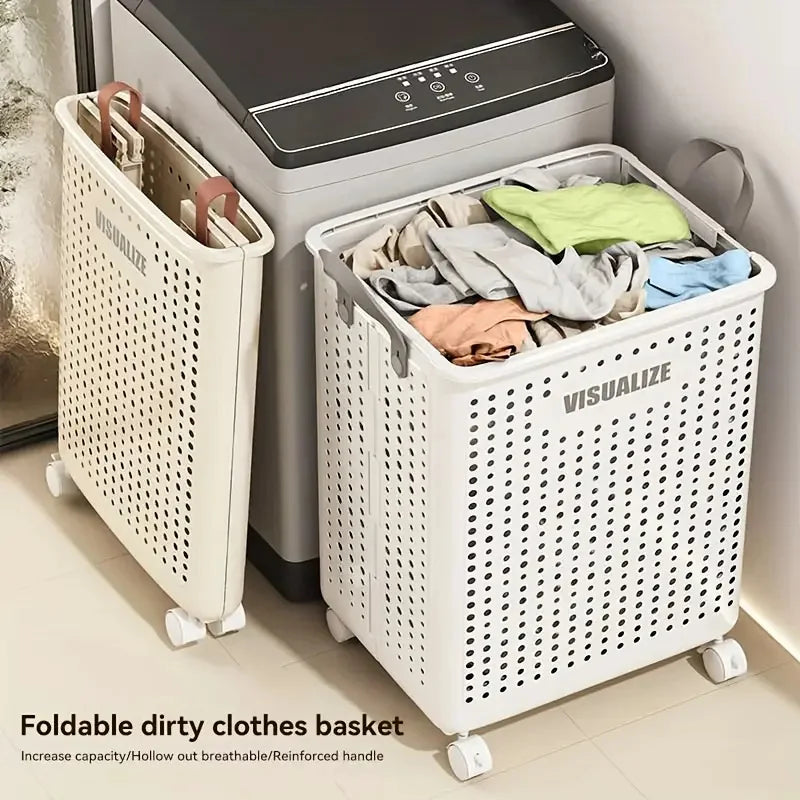 Foldable Rolling Laundry Hamper With Imitation Leather Handles Large Capacity Dirty Clothes Organizer Basket