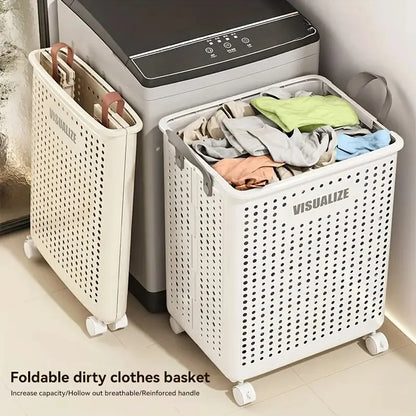Foldable Rolling Laundry Hamper With Imitation Leather Handles Large Capacity Dirty Clothes Organizer Basket