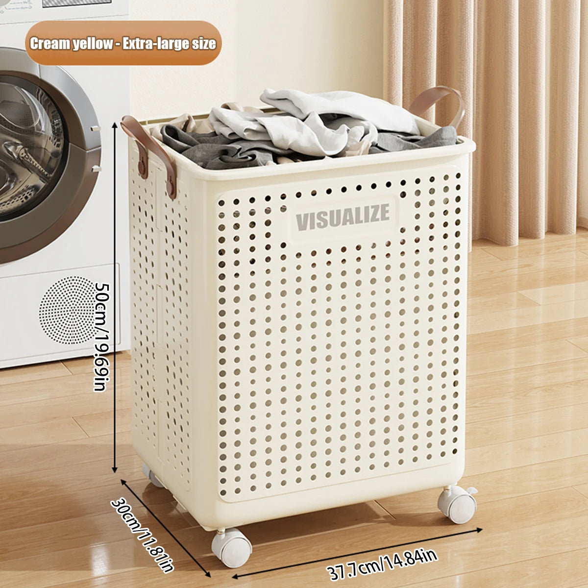 Foldable Rolling Laundry Hamper With Imitation Leather Handles Large Capacity Dirty Clothes Organizer Basket
