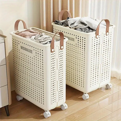 Foldable Rolling Laundry Hamper With Imitation Leather Handles Large Capacity Dirty Clothes Organizer Basket