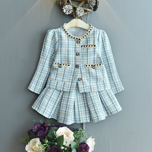 Children's Long-sleeved Plaid Top And Skirt Two-piece Suit