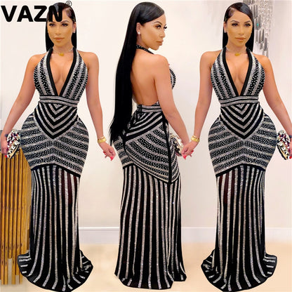 VAZN New 2020 Formal Shinny Bandage Dress Sleeveless Halter Sheath Dresses Bling Bling Sequins Glitter Maxi Dress - MARC SHERL