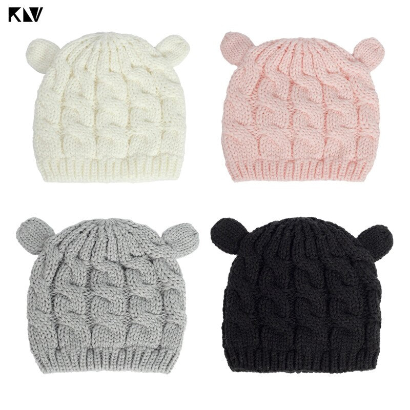 Winter Cotton Baby Hat and Mittens Set Kids Knitted Cotton Beanie Cap Warm Boys Girls Double Pompom Hats Gloves Infant Bonnet - MARC SHERL