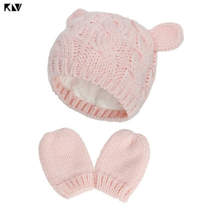 Winter Cotton Baby Hat and Mittens Set Kids Knitted Cotton Beanie Cap Warm Boys Girls Double Pompom Hats Gloves Infant Bonnet - MARC SHERL