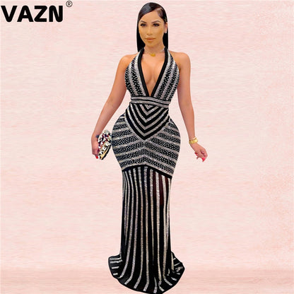 VAZN New 2020 Formal Shinny Bandage Dress Sleeveless Halter Sheath Dresses Bling Bling Sequins Glitter Maxi Dress - MARC SHERL