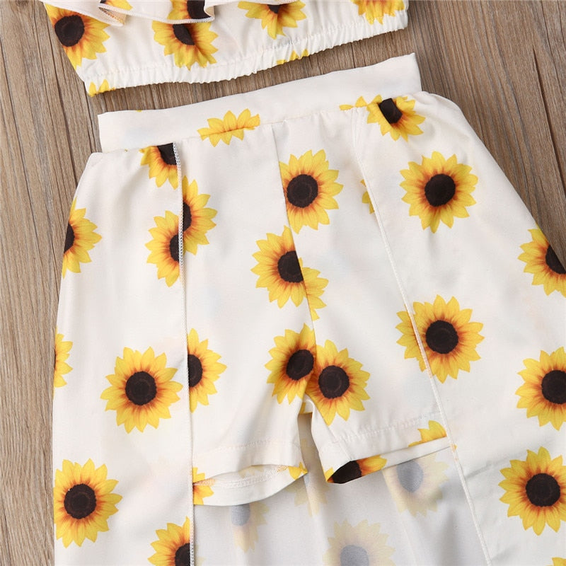 Fashion Kids Baby Girl Sunflower Print Summer Sets Ruffle Off Shoulder Crop Tops Long Skirts Bow Headband 3Pcs Outfits 1-6Y - MARC SHERL