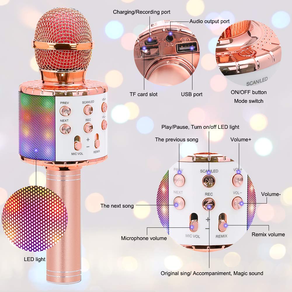 Wireless Karaoke Microphone Bluetooth Handheld Portable Speaker Home KTV Player with Dancing LED Lights Record Function for Kids - MARC SHERL