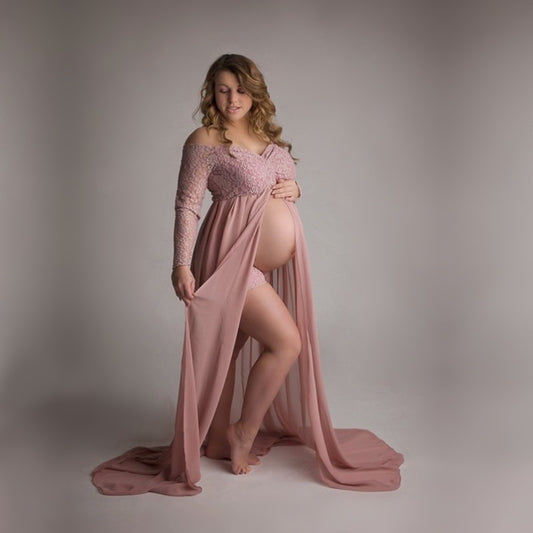 Dusty Pink Long Chiffon Maternity Photography Dress Sweet Heart Maternity Lace Dresses For Photo Shoot Slit Open Pregnancy Dress - MARC SHERL