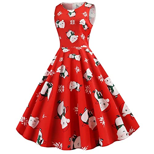 Women's 50s Vintage Tea Dress Christmas Sleeveless Round Neck Print Cocktail Dress Holiday A-line Swing Party Dress