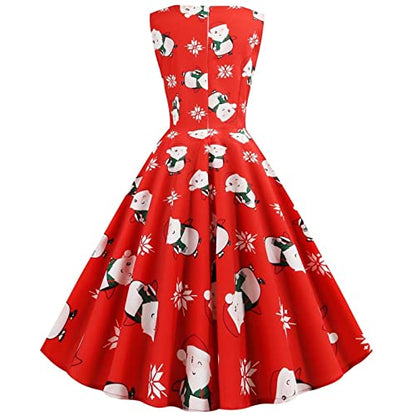 Women's 50s Vintage Tea Dress Christmas Sleeveless Round Neck Print Cocktail Dress Holiday A-line Swing Party Dress