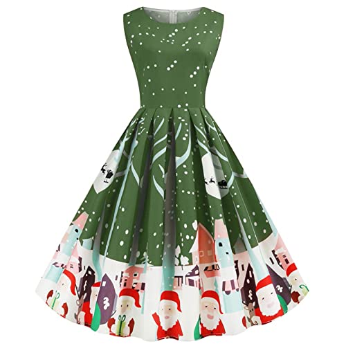 Women's 50s Vintage Tea Dress Christmas Sleeveless Round Neck Print Cocktail Dress Holiday A-line Swing Party Dress