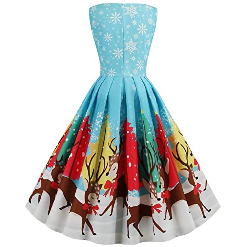 Women's 50s Vintage Tea Dress Christmas Sleeveless Round Neck Print Cocktail Dress Holiday A-line Swing Party Dress