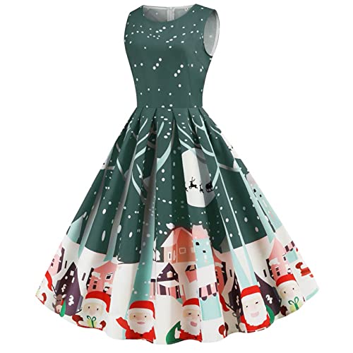 Women's 50s Vintage Tea Dress Christmas Sleeveless Round Neck Print Cocktail Dress Holiday A-line Swing Party Dress