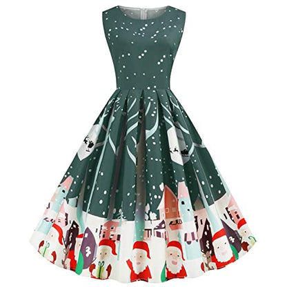 Women's 50s Vintage Tea Dress Christmas Sleeveless Round Neck Print Cocktail Dress Holiday A-line Swing Party Dress