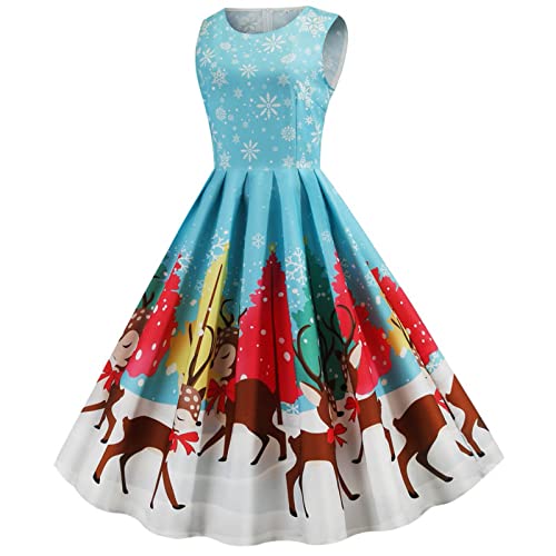 Women's 50s Vintage Tea Dress Christmas Sleeveless Round Neck Print Cocktail Dress Holiday A-line Swing Party Dress