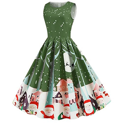 Women's 50s Vintage Tea Dress Christmas Sleeveless Round Neck Print Cocktail Dress Holiday A-line Swing Party Dress