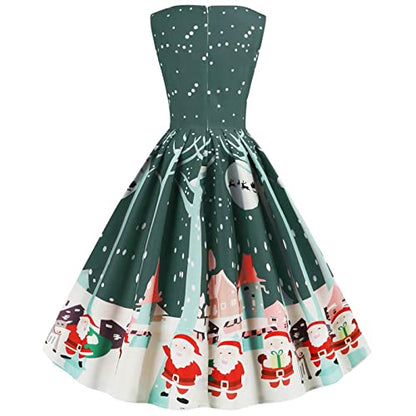 Women's 50s Vintage Tea Dress Christmas Sleeveless Round Neck Print Cocktail Dress Holiday A-line Swing Party Dress