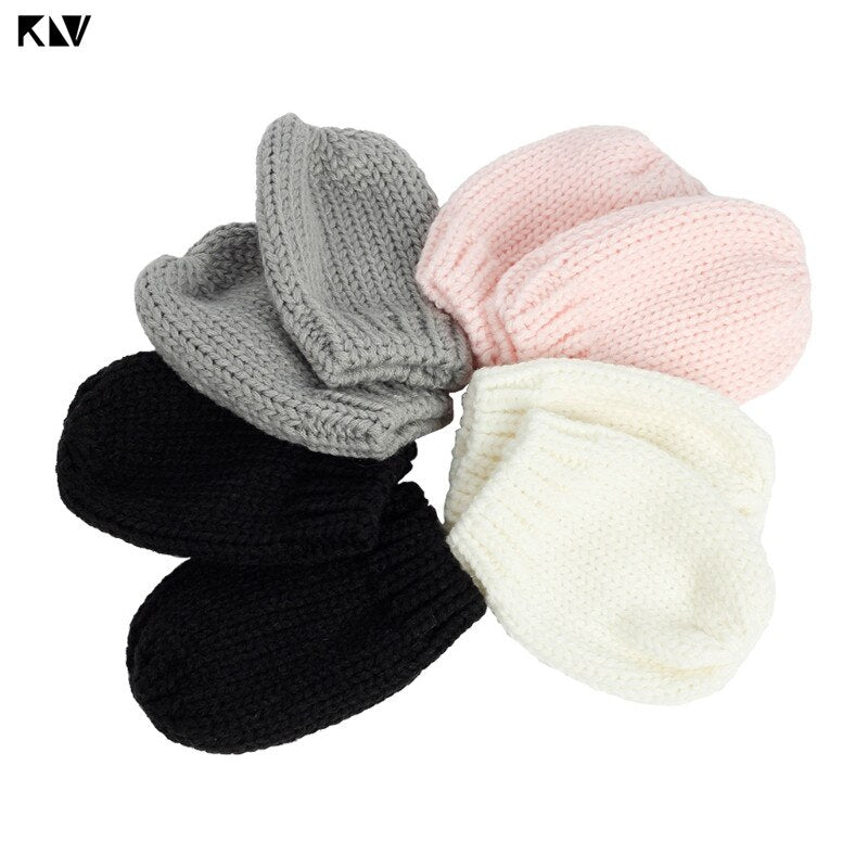 Winter Cotton Baby Hat and Mittens Set Kids Knitted Cotton Beanie Cap Warm Boys Girls Double Pompom Hats Gloves Infant Bonnet - MARC SHERL