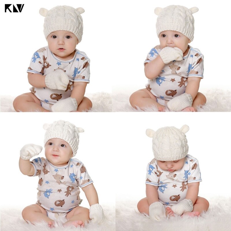 Winter Cotton Baby Hat and Mittens Set Kids Knitted Cotton Beanie Cap Warm Boys Girls Double Pompom Hats Gloves Infant Bonnet - MARC SHERL