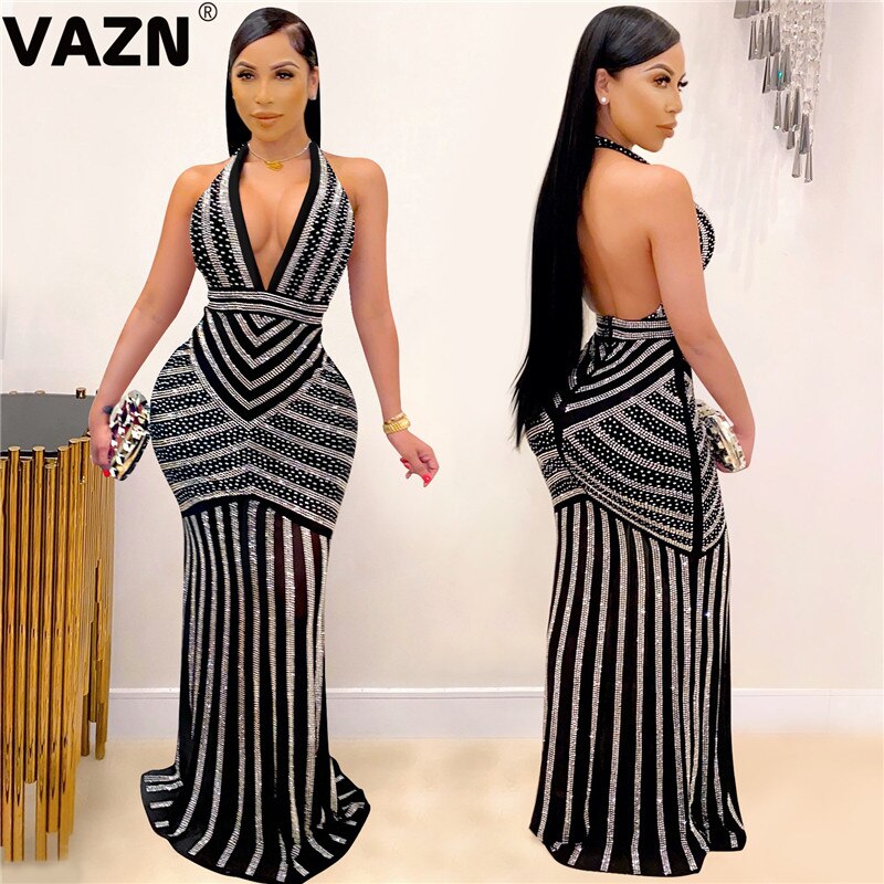 VAZN New 2020 Formal Shinny Bandage Dress Sleeveless Halter Sheath Dresses Bling Bling Sequins Glitter Maxi Dress - MARC SHERL