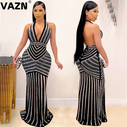 VAZN New 2020 Formal Shinny Bandage Dress Sleeveless Halter Sheath Dresses Bling Bling Sequins Glitter Maxi Dress - MARC SHERL