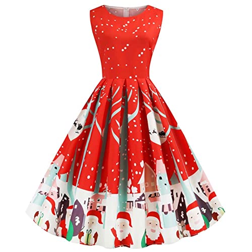 Women's 50s Vintage Tea Dress Christmas Sleeveless Round Neck Print Cocktail Dress Holiday A-line Swing Party Dress