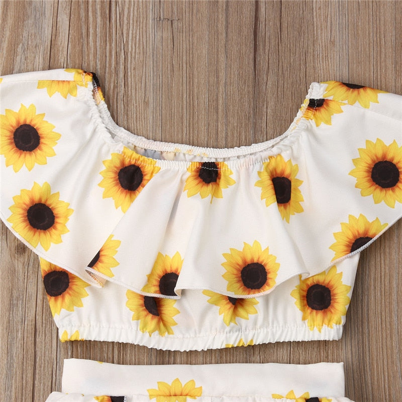 Fashion Kids Baby Girl Sunflower Print Summer Sets Ruffle Off Shoulder Crop Tops Long Skirts Bow Headband 3Pcs Outfits 1-6Y - MARC SHERL