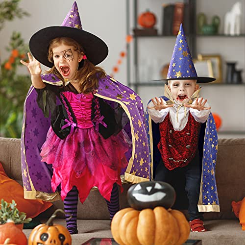 2 Pieces Halloween Wizard Cape Witch Cloak with 2 Pieces Wizard Hat and 2 Pumpkin Goody Bag Trick or Treat Bags Wizard Costume Accessories for Cosplay Props Role Play, Suitable for over 12 Years Old - MARC SHERL