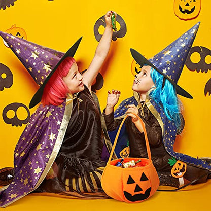 2 Pieces Halloween Wizard Cape Witch Cloak with 2 Pieces Wizard Hat and 2 Pumpkin Goody Bag Trick or Treat Bags Wizard Costume Accessories for Cosplay Props Role Play, Suitable for over 12 Years Old - MARC SHERL