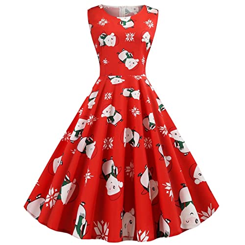 Women's 50s Vintage Tea Dress Christmas Sleeveless Round Neck Print Cocktail Dress Holiday A-line Swing Party Dress