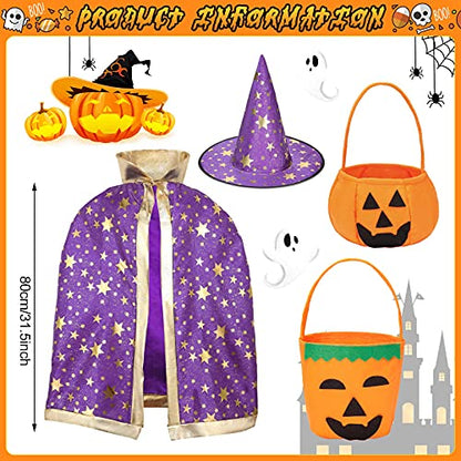 2 Pieces Halloween Wizard Cape Witch Cloak with 2 Pieces Wizard Hat and 2 Pumpkin Goody Bag Trick or Treat Bags Wizard Costume Accessories for Cosplay Props Role Play, Suitable for over 12 Years Old - MARC SHERL