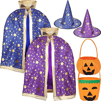 2 Pieces Halloween Wizard Cape Witch Cloak with 2 Pieces Wizard Hat and 2 Pumpkin Goody Bag Trick or Treat Bags Wizard Costume Accessories for Cosplay Props Role Play, Suitable for over 12 Years Old - MARC SHERL