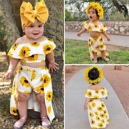 Fashion Kids Baby Girl Sunflower Print Summer Sets Ruffle Off Shoulder Crop Tops Long Skirts Bow Headband 3Pcs Outfits 1-6Y - MARC SHERL