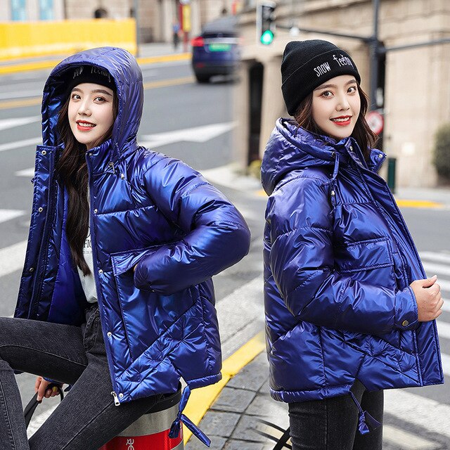 Winter women short parkas jackets casual female thicken warm hooded jackets coat windprood shiny big pocket jackets - MARC SHERL