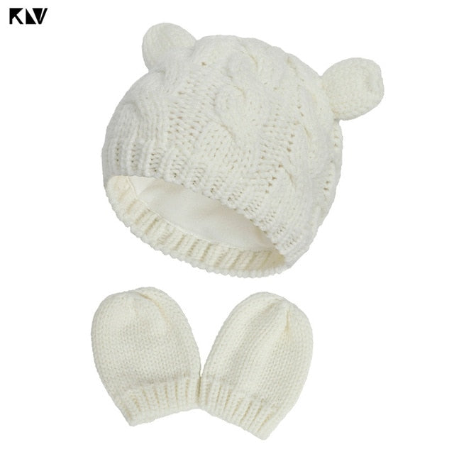 Winter Cotton Baby Hat and Mittens Set Kids Knitted Cotton Beanie Cap Warm Boys Girls Double Pompom Hats Gloves Infant Bonnet - MARC SHERL