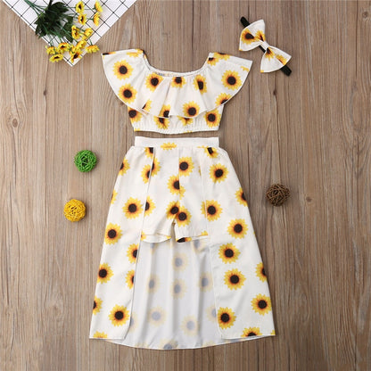 Fashion Kids Baby Girl Sunflower Print Summer Sets Ruffle Off Shoulder Crop Tops Long Skirts Bow Headband 3Pcs Outfits 1-6Y - MARC SHERL