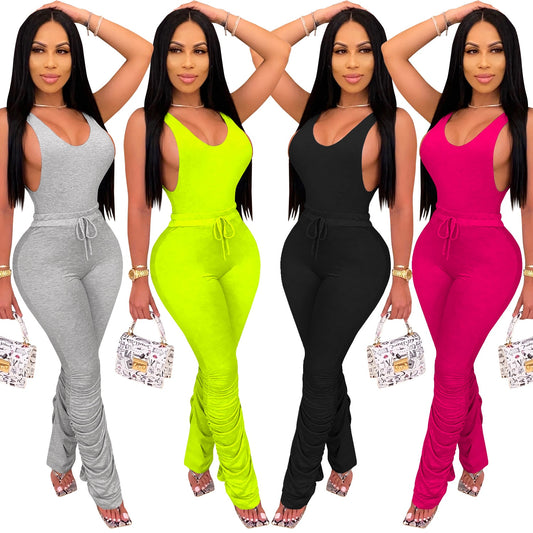 Cutubly Solid 2 Two Piece Set Sleeveless Women Outfits Sets Lace Up Casual Woman Sets O-Neck Sexy Female Pants Suit - MARC SHERL