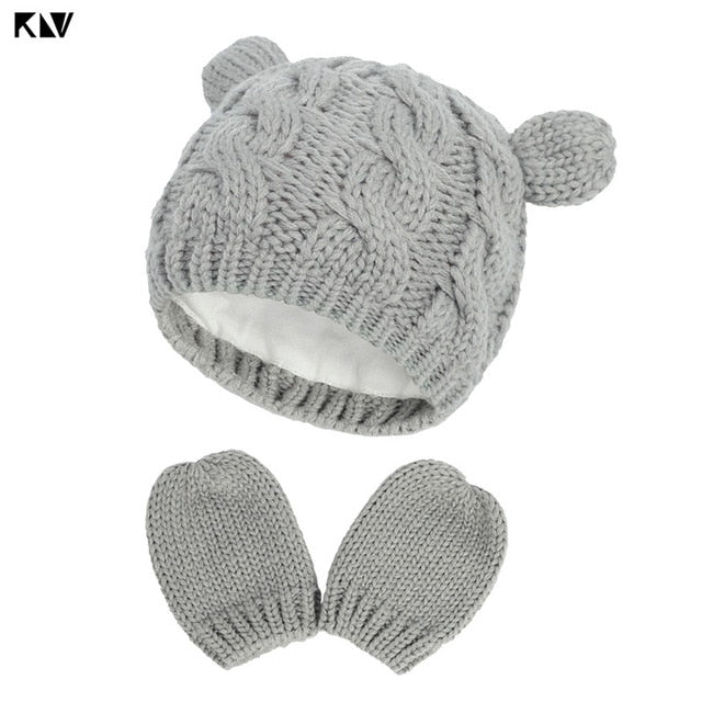 Winter Cotton Baby Hat and Mittens Set Kids Knitted Cotton Beanie Cap Warm Boys Girls Double Pompom Hats Gloves Infant Bonnet - MARC SHERL