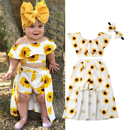 Fashion Kids Baby Girl Sunflower Print Summer Sets Ruffle Off Shoulder Crop Tops Long Skirts Bow Headband 3Pcs Outfits 1-6Y - MARC SHERL