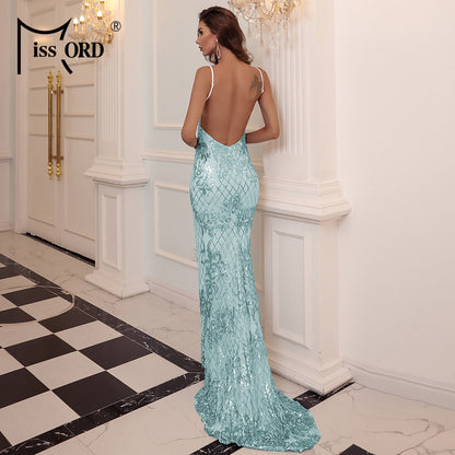 Missord 2021 Women Sexy Deep V Neck Backless Sequin Party Dress Elegant Spaghetti Strap Maxi Dress Summer Bodycon Dresses M0645 - MARC SHERL