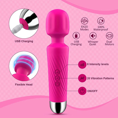 Cordless Wand Massager 8 Speeds & 20 Modes Handheld Stress Relief Health Care - MARC SHERL